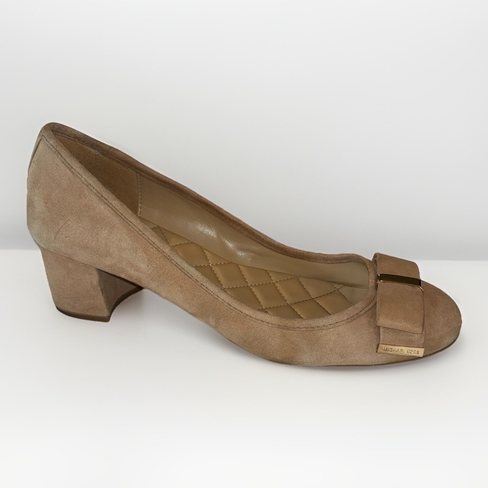 Michael Kors Tan Suede Low Block Heel Pump with Bow